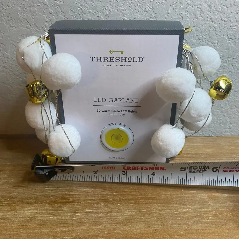 New Led Lights Garland White Cotton Gold Jingle Bells 9.2 ft Farmhouse